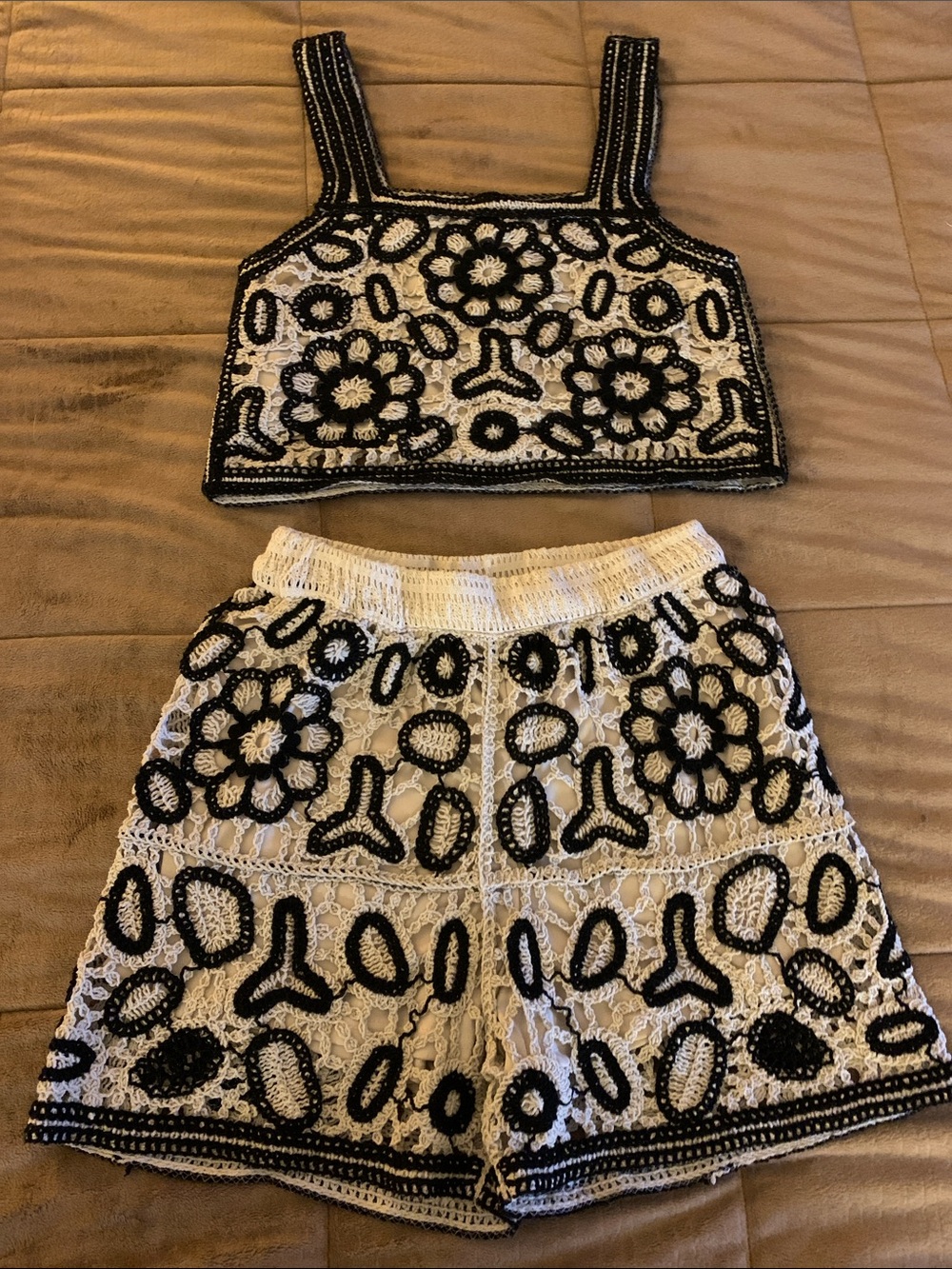 Rebellion White & Black Crochet Crop Tank and Shorts Set